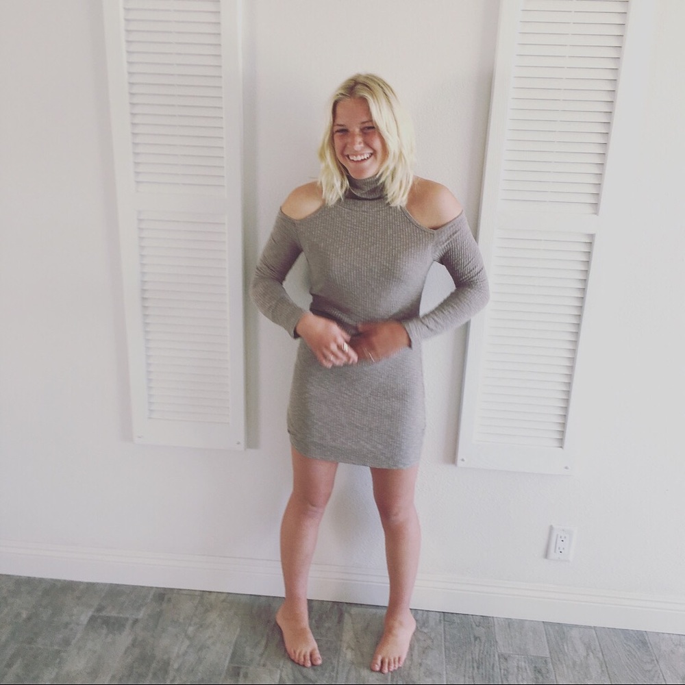 Tan cold shouldered fitted mini dress